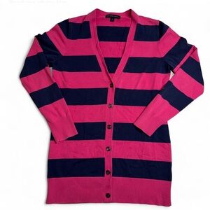 Brooks Brothers 346 Long Cardigan, Womens Medium, Sweater Pink Navy Blue Stripes